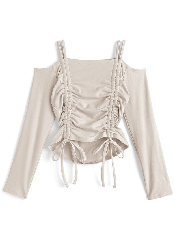 ドロストリボンオフショルダーリブトップス