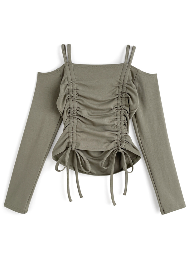 ドロストリボンオフショルダーリブトップス