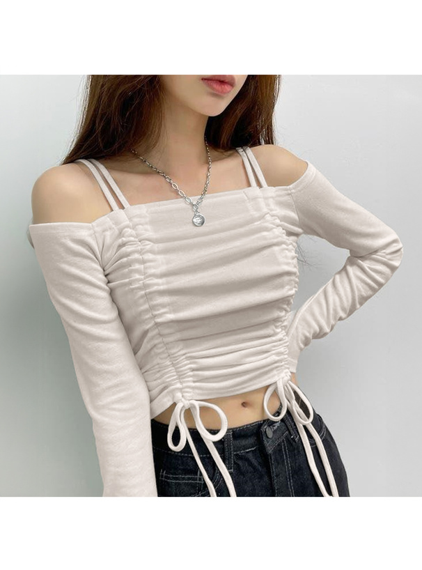 ドロストリボンオフショルダーリブトップス