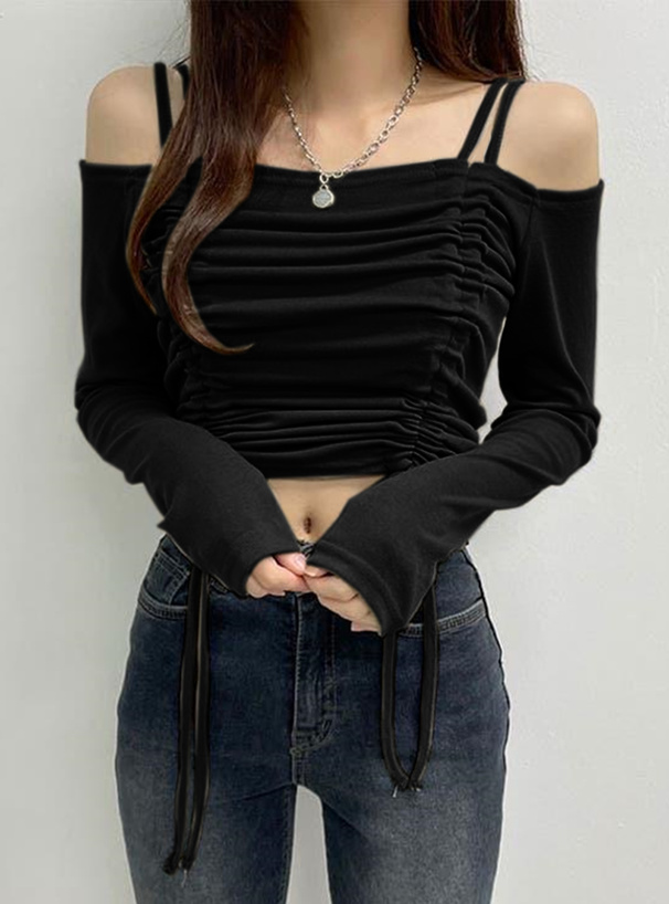 ドロストリボンオフショルダーリブトップス