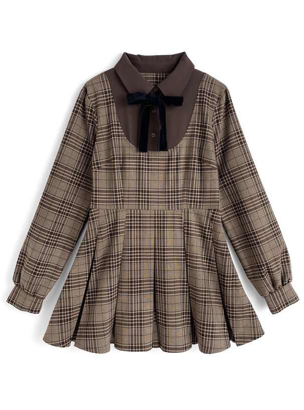 リボン付きシャツドッキングチェック柄プリーツミニワンピース[tu1890]