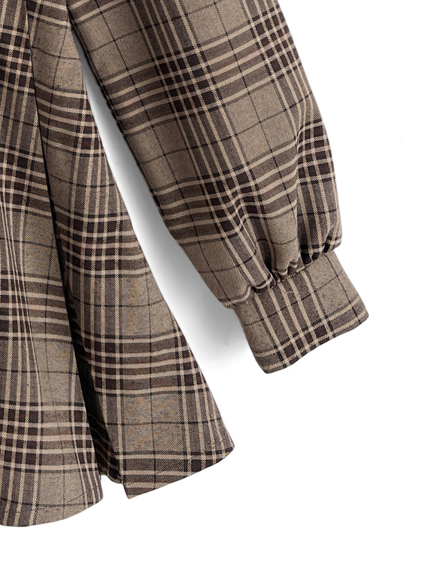 リボン付きシャツドッキングチェック柄プリーツミニワンピース