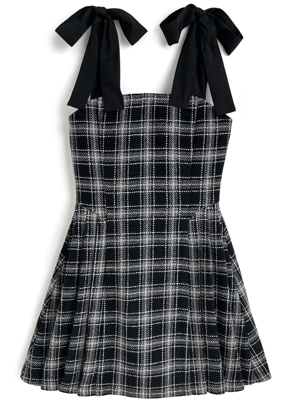 ツイードチェックショルダーリボンプリーツミニワンピース[tu1892]