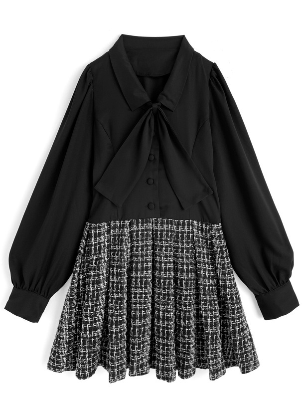 リボン付きラメツイードドッキングプリーツミニワンピース[tu1895]