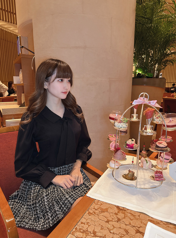 リボン付きラメツイードドッキングプリーツミニワンピース
