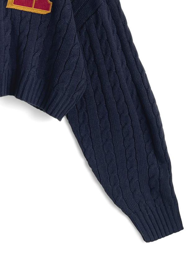 チェック柄襟付きワッペンケーブルニットトップス