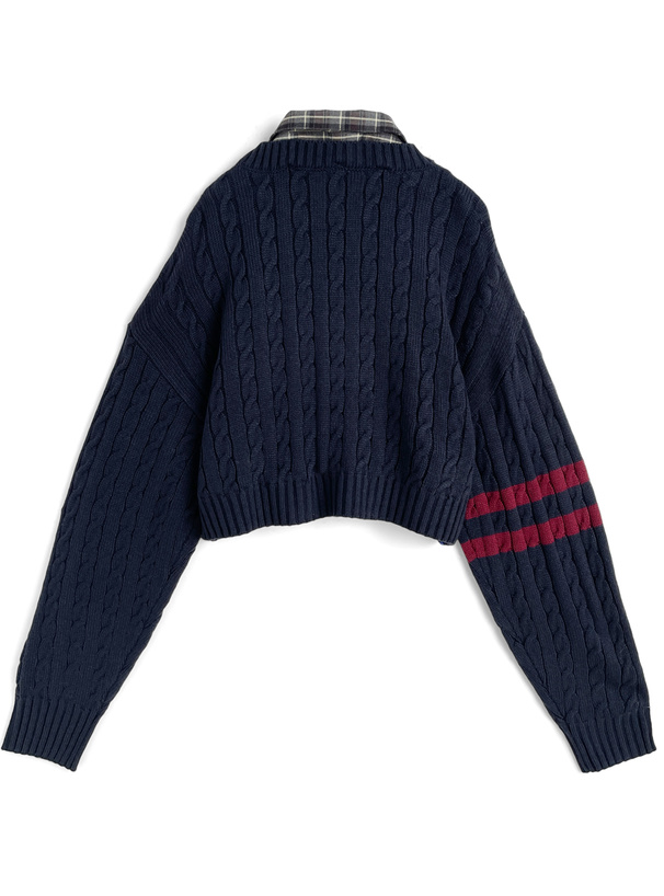 チェック柄襟付きワッペンケーブルニットトップス
