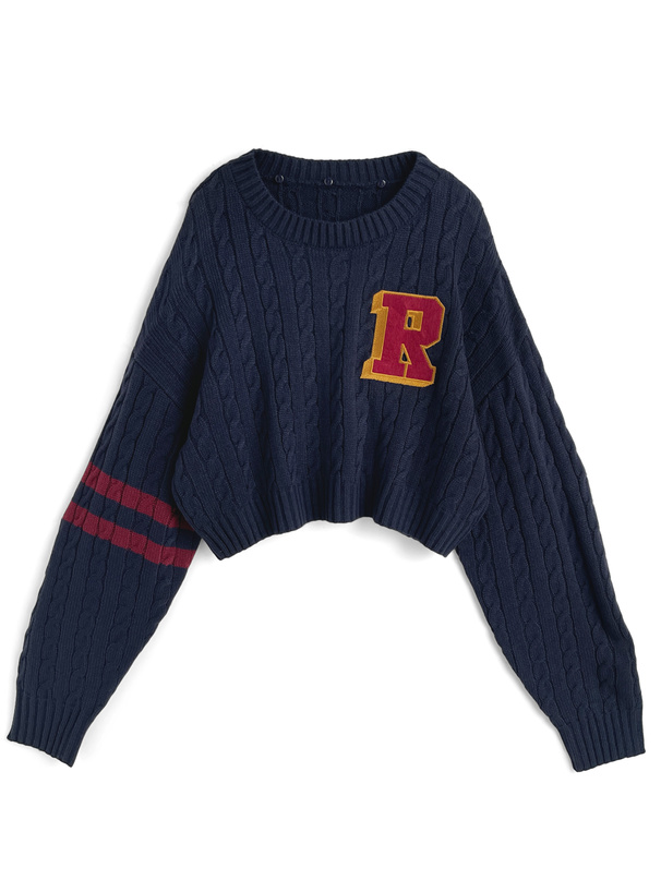 チェック柄襟付きワッペンケーブルニットトップス