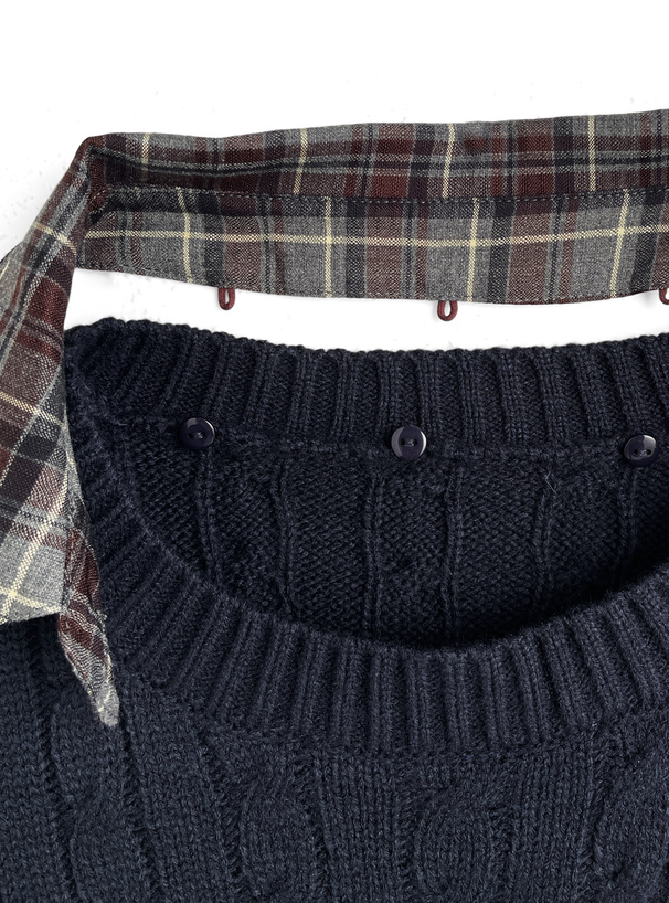 チェック柄襟付きワッペンケーブルニットトップス