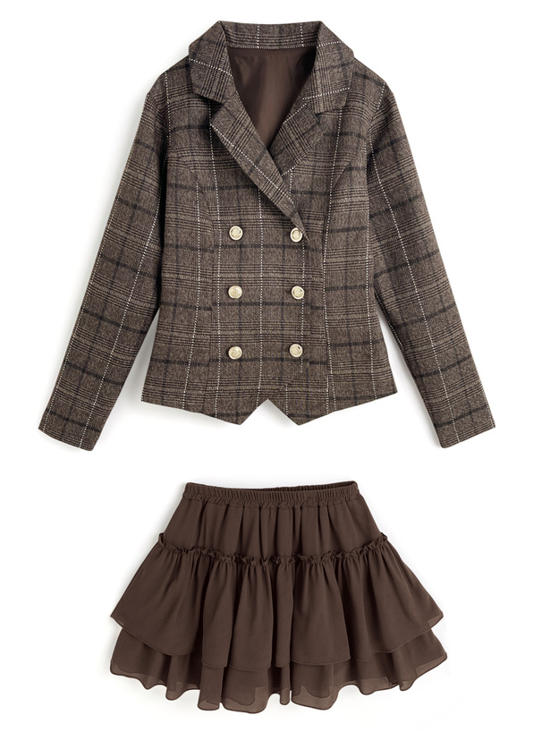 チェック柄ダブルジャケット×ティアードフリルミニスカートセットアップ[tu1900]