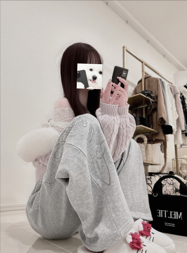 ラインストーンスウェットカーブパンツ