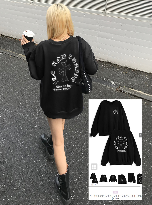 サークルロゴプリントラインストーンスウェットトップス