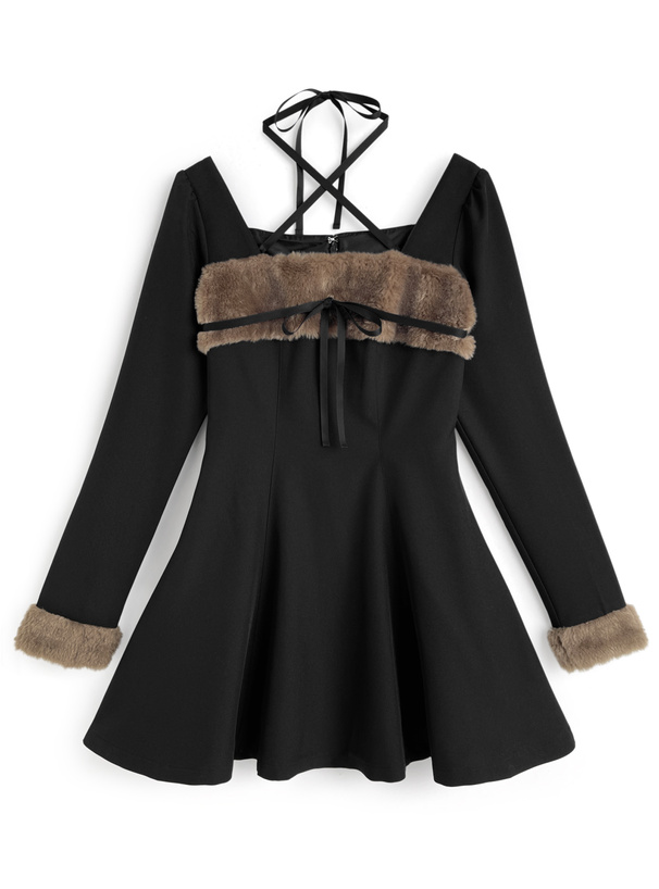 ホルターネック付きファーリボンミニフレアワンピース[tu1914]