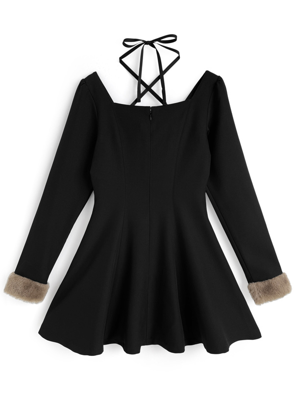 ホルターネック付きファーリボンミニフレアワンピース[tu1914