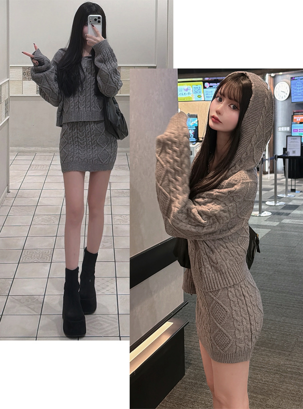 ケーブル編みニットパーカー×タイトミニスカートセットアップ[tu1923