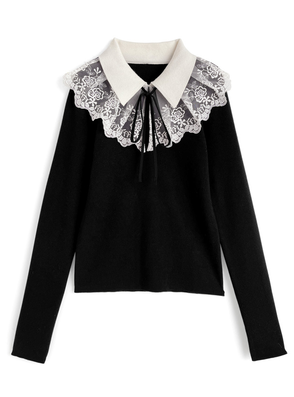 リボンタイ付きレースカラーニットトップス[tu1924]
