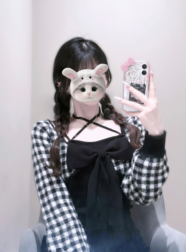 チェック柄シャギーボレロ×ホルターネックリボンミニワンピース