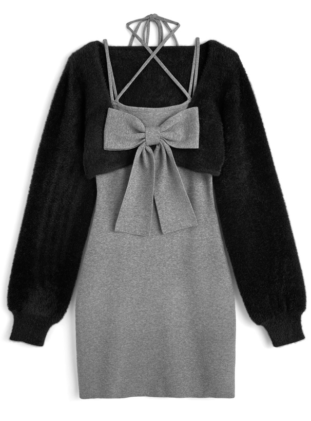 シャギーボレロ×ホルタ-ネックリボンミニワンピースアンサンブル[tu1926]