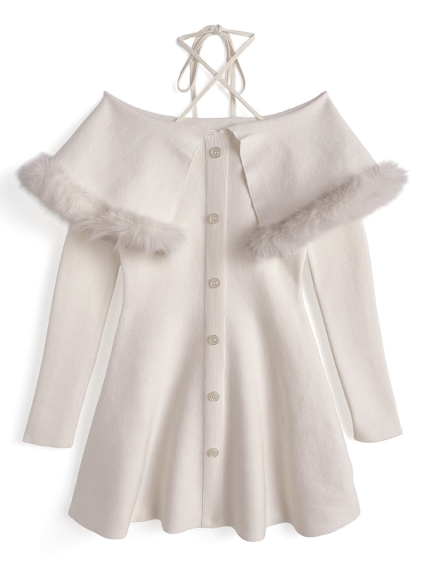 ホルターネックファーオフショルダーニットミニワンピース