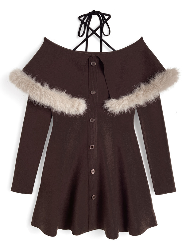 ホルターネックファーオフショルダーニットミニワンピース