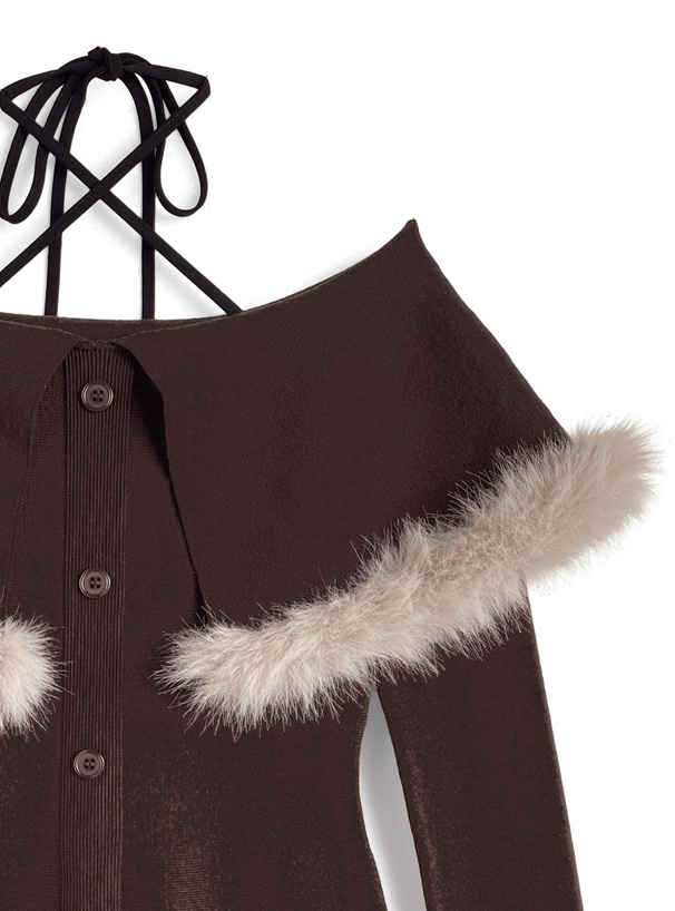 ホルターネックファーオフショルダーニットミニワンピース