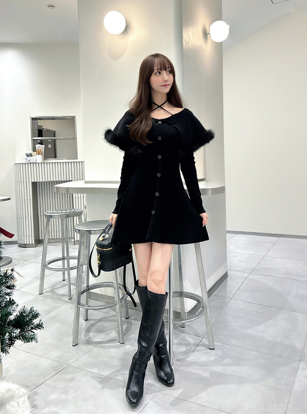 ホルターネックファーオフショルダーニットミニワンピース[tu1927