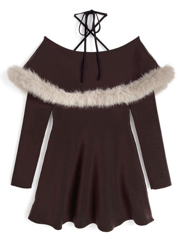 ホルターネックファーオフショルダーニットミニワンピース