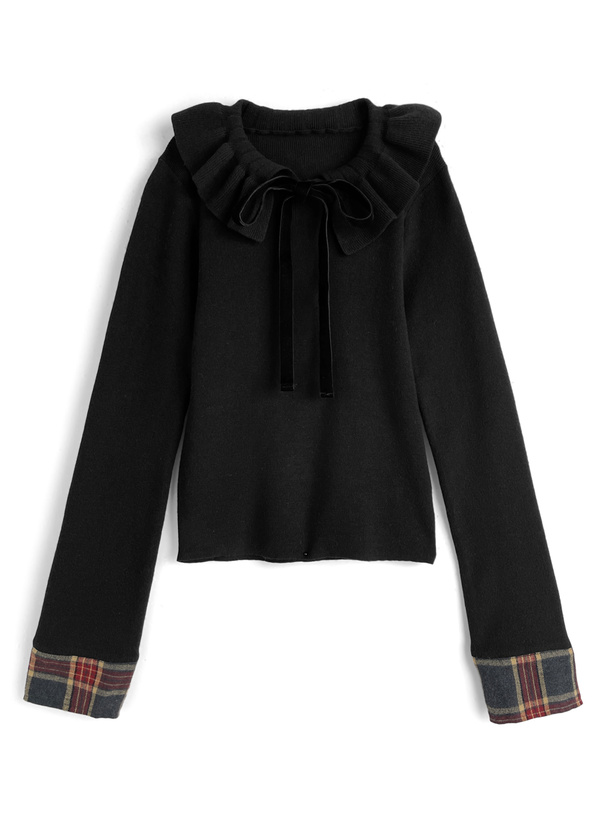 チェック柄カフスフリルカラーベロアリボンニットトップス[tu1929]