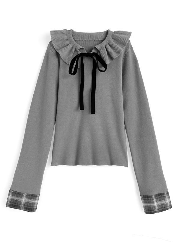 チェック柄カフスフリルカラーベロアリボンニットトップス[tu1929