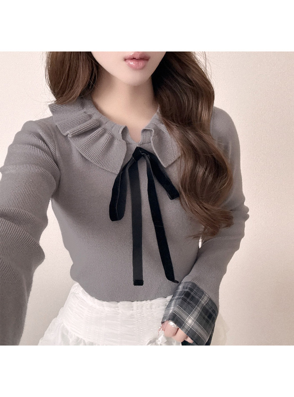 チェック柄カフスフリルカラーベロアリボンニットトップス[tu1929