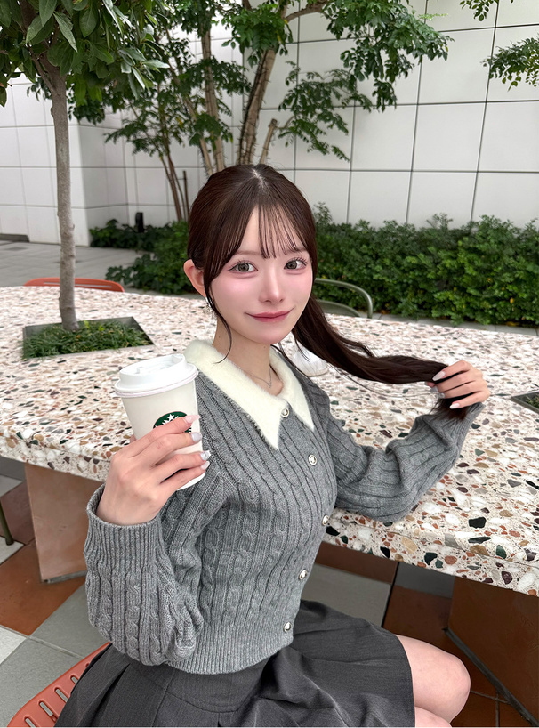 シャギーカラーケーブル編みニットカーディガン