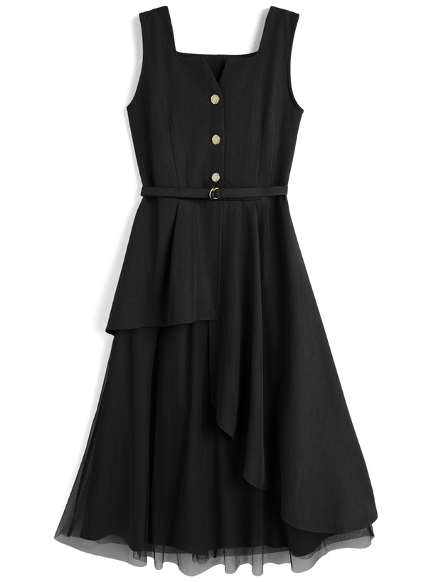 ベルト付きチュールドッキングアシンメトリーワンピース[tu1951]