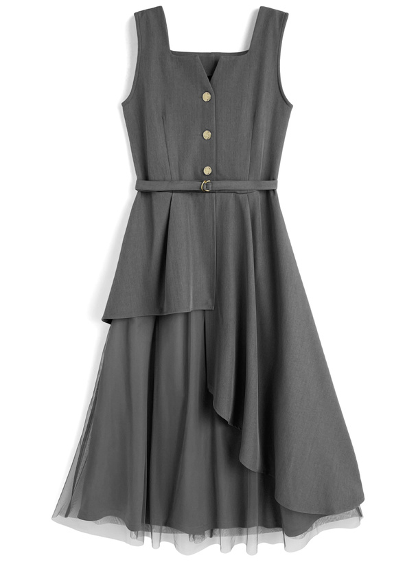 ベルト付きチュールドッキングアシンメトリーワンピース