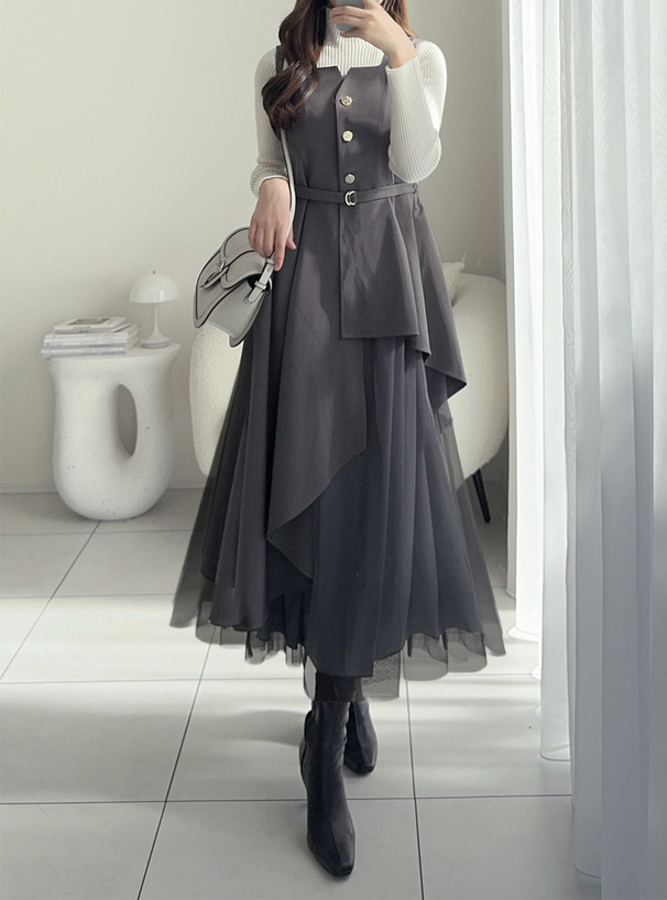 ベルト付きチュールドッキングアシンメトリーワンピース[tu1951