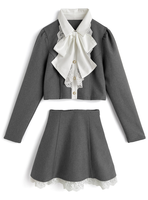 リボン付きレースブラウス×ミニスカートセットアップ[tu1954