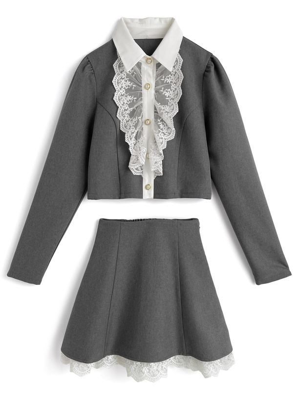 Christian Dior 青とグレーシャツ・スカートセットシルク　リボン付 リボン付きレースブラウス×ミニスカートセットアップ[tu1954