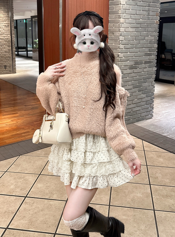 インパン裏地付きドット柄レースティアードフリルミニスカート[tu1956