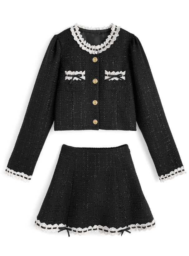 ラメツイードレースジャケット×レースフレアミニスカートセットアップ