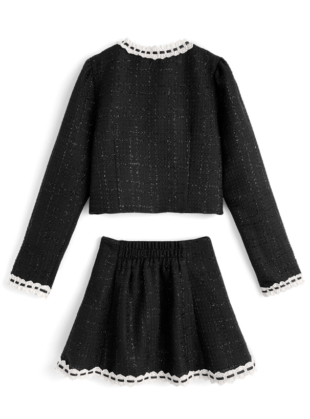 ラメツイードレースジャケット×レースフレアミニスカートセットアップ