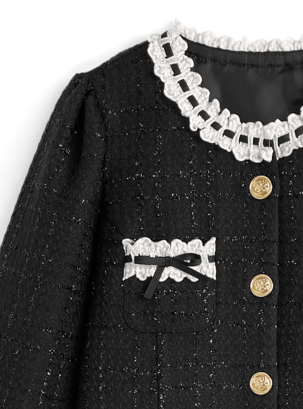 ラメツイードレースジャケット×レースフレアミニスカートセットアップ