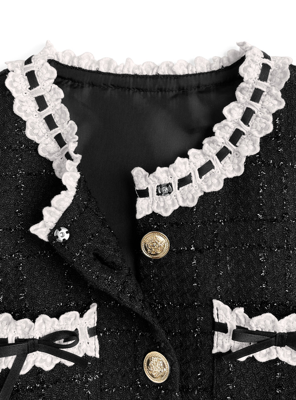 ラメツイードレースジャケット×レースフレアミニスカートセットアップ