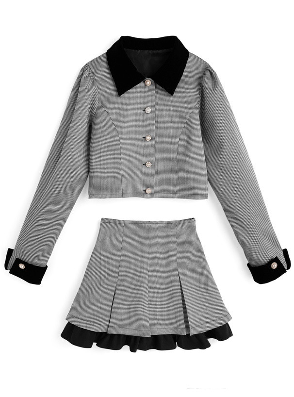 千鳥柄アソートボタンブラウス×プリーツフリルミニスカート
