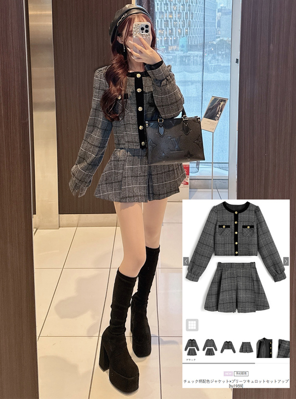 チェック柄配色ジャケット×プリーツキュロットセットアップ[tu1959