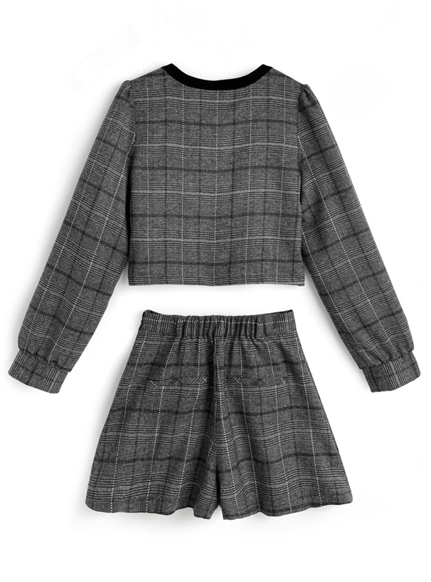 チェック柄配色ジャケット×プリーツキュロットセットアップ[tu1959