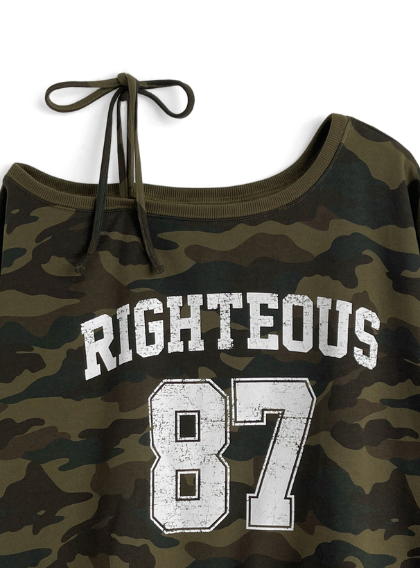 カモフラージュ柄ナンバーロゴワンショルダースウェットトップス