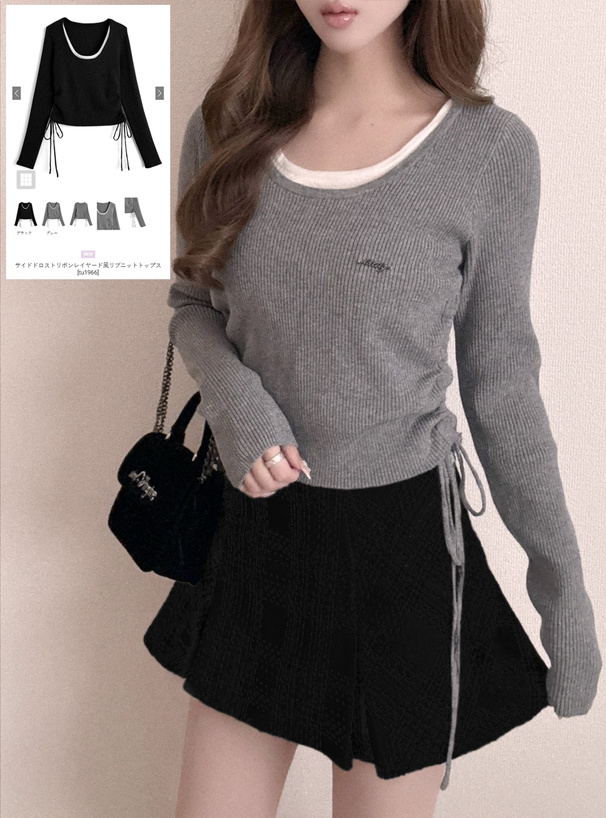 サイドドロストリボンレイヤード風リブニットトップス