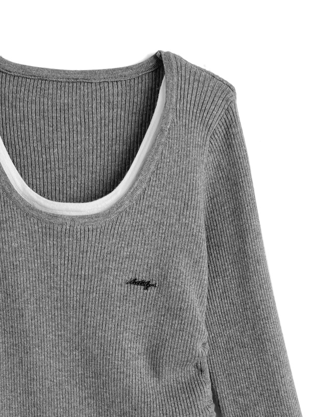 サイドドロストリボンレイヤード風リブニットトップス