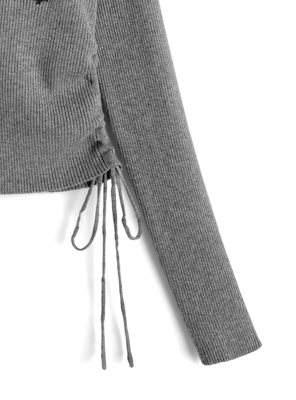 サイドドロストリボンレイヤード風リブニットトップス