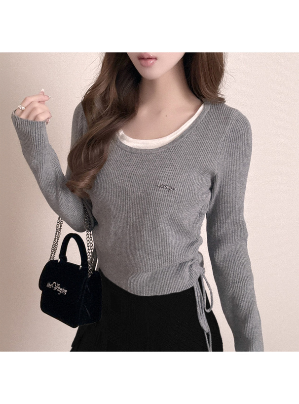 サイドドロストリボンレイヤード風リブニットトップス