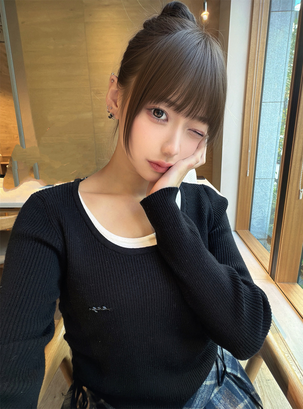 サイドドロストリボンレイヤード風リブニットトップス